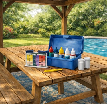 A swimming pool water testing kit with chemical reagents and a color comparator on a wooden table.