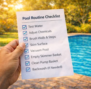 Hand holding a pool routine checklist with maintenance tasks next to a sunny outdoor swimming pool.