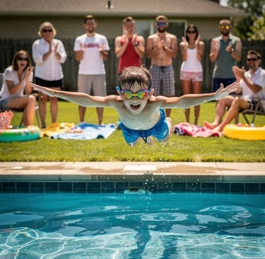 Excited boy in swim goggles and trunks jumping into a swimming pool with family and friends cheering in the background at a