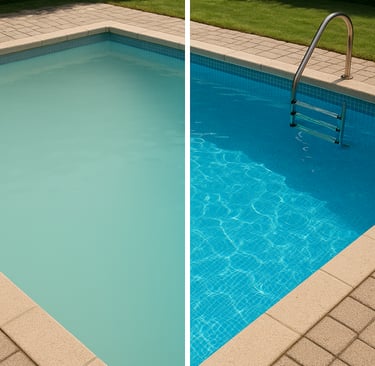 Before and after comparison of cloudy green pool water restored to crystal clear blue water.