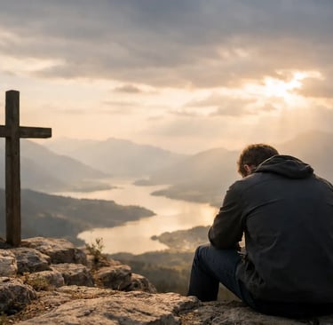 man looking for bible answers and praying