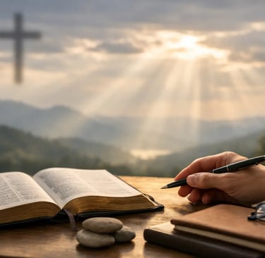 open bible and a person taking notes from it