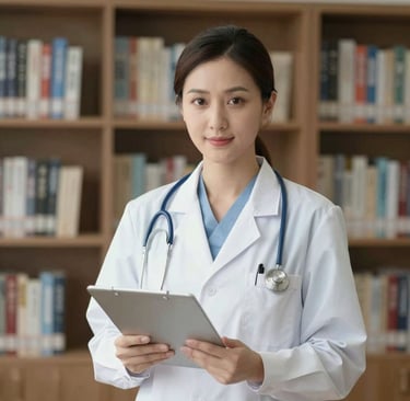 person wearing lavatory gown with green stethoscope on neck using phone while standing