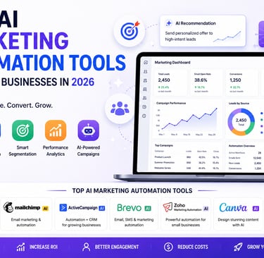 Top AI Marketing Automation Tools for small businesses showing marketing automation dashboard, email