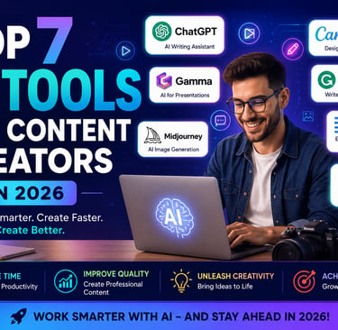 A content creator using AI tools like ChatGPT, Canva AI, Gamma, Grammarly, Descript, Midjourney, and
