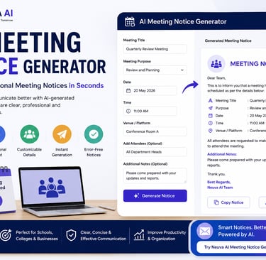 Neuva AI Meeting Notice Generator interface showing a customizable professional meeting invitation template.