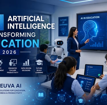 A classroom showcasing AI in education with a teacher, student tablets, and a robot assistant.