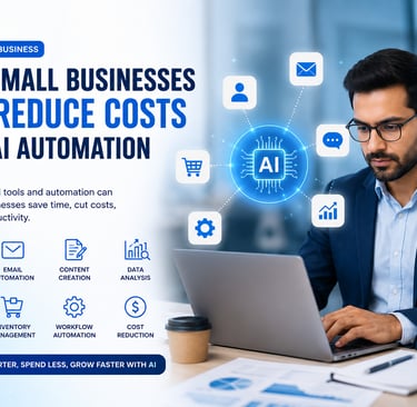 A businessman using a laptop to explore how AI automation and tools can help small businesses reduce costs.