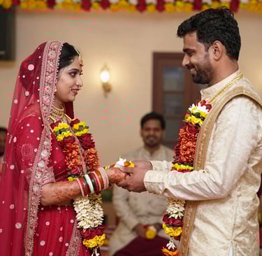 A joyful couple sharing a dance surrounded by guests in a luxurious, vibrant event space.