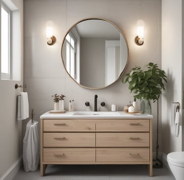 Modern bathroom with a wooden vanity and arched mirror.