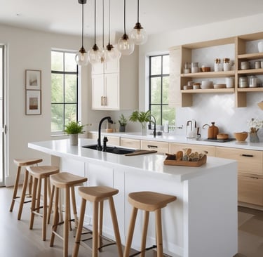 Rustic stools and tables in a sunlit cafe.