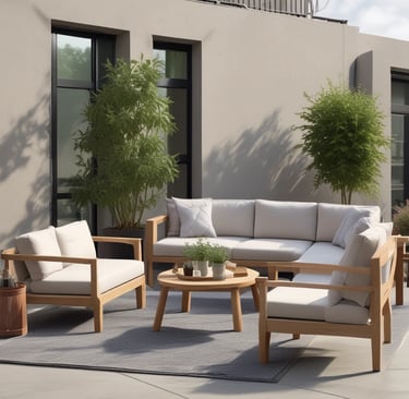 Outdoor seating with decorative pillows.
