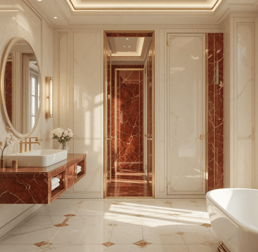 Baño Art Déco moderno en tonos claros con mármol rojo y diseño elegante