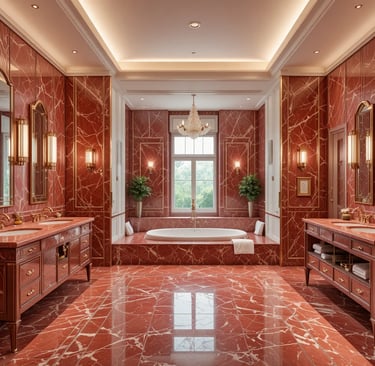 Baño grande de mármol rojo estilo Art Déco moderno elegante y sofisticado