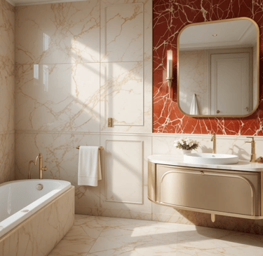 Baño pequeño de mármol rojo estilo Art Déco moderno y luminoso