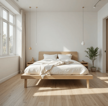 Dormitorio pequeño con cama con patas visibles que deja el suelo libre y aporta mayor ligereza visua