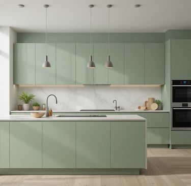 cocina moderna en verde salvia con muebles lisos y diseño minimalista
