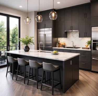 cocina moderna con isla gris oscuro y electrodomésticos de acero inoxidable