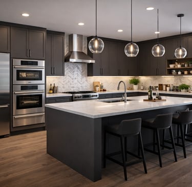 cocina moderna perfecta con isla central y electrodomésticos de acero inoxidable