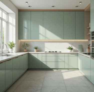 cocina moderna en verde salvia con diseño elegante y luminoso