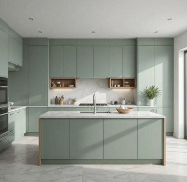 cocina moderna en verde salvia con isla central y diseño elegante