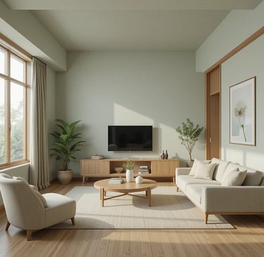 salón japandi con colores neutros y materiales naturales