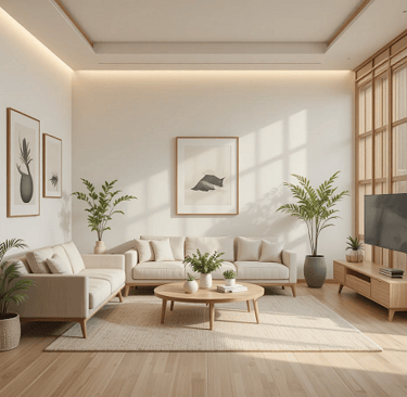 decoración minimalista en un salón japandi con pocos elementos