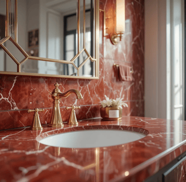 Detalle de mármol rojo en baño estilo Art Déco moderno con grifería dorada