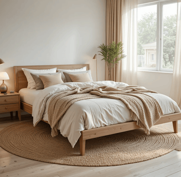 Dormitorio moderno y acogedor con alfombra de yute natural bajo la cama y decoración en tonos neutro