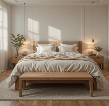 Dormitorio moderno y acogedor con banco de madera a los pies de la cama y textiles en tonos neutros.