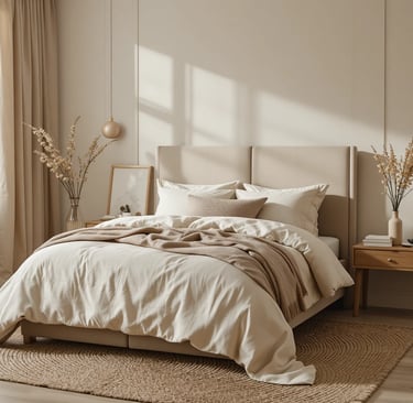 Dormitorio moderno en tonos beige con cabecero tapizado, ropa de cama de lino y decoración en madera