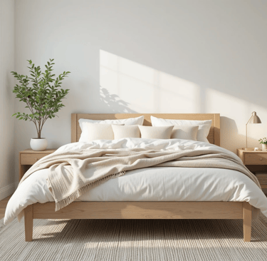 Dormitorio escandinavo con paredes en blanco roto, cama de madera clara y textiles neutros en tonos