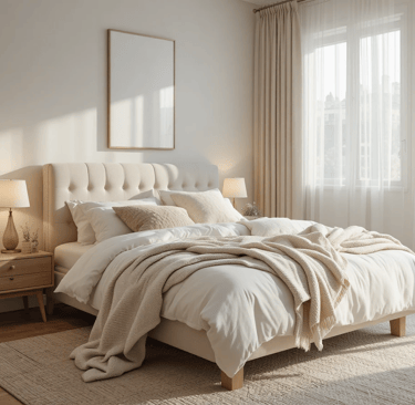 Dormitorio moderno y acogedor con cabecero tapizado en lino beige, ropa de cama neutra y luz cálida.