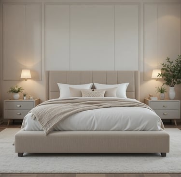 Dormitorio moderno y acogedor con cama y mesillas tapizadas en tonos beige y decoración neutra.