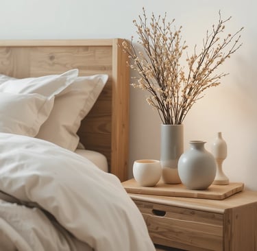 Dormitorio moderno y acogedor con detalles de cerámica artesanal sobre mesilla de madera y textiles