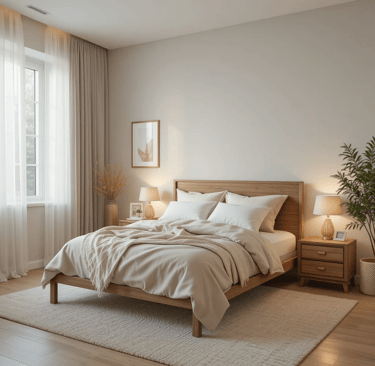 Dormitorio moderno y acogedor con cortinas ligeras blancas que dejan pasar luz natural y decoración