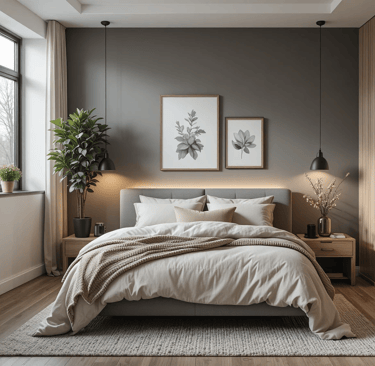 Dormitorio moderno y acogedor con detalles en negro mate, textiles neutros y decoración equilibrada.