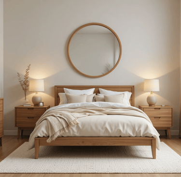 Dormitorio moderno y acogedor con espejo redondo sobre cómoda de madera y decoración en tonos neutro