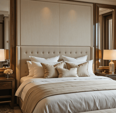 Dormitorio moderno estilo hotel boutique con ropa de cama neutra, iluminación cálida y diseño simétr