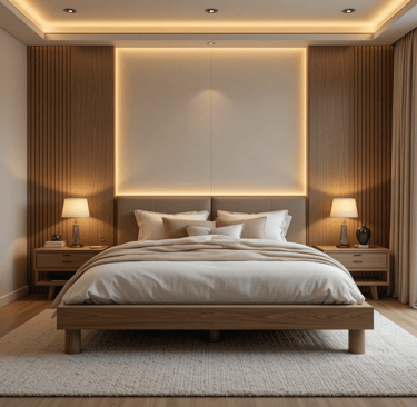 Dormitorio moderno y acogedor con iluminación cálida en capas, lámparas de mesilla y luz indirecta s