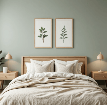 Dormitorio moderno y acogedor con láminas botánicas sobre la cama y decoración en tonos neutros.