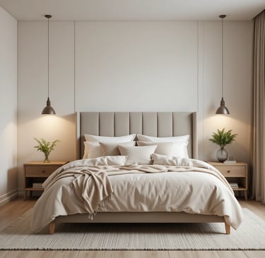 Dormitorio moderno y acogedor con lámparas colgantes a ambos lados de la cama y decoración en tonos
