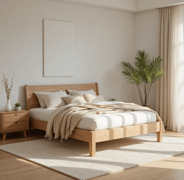 Dormitorio moderno y acogedor con cama y mesillas de madera natural, textiles neutros y luz natural