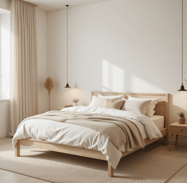 Dormitorio minimalista cálido con paredes en blanco roto, cama de madera clara y decoración sencilla