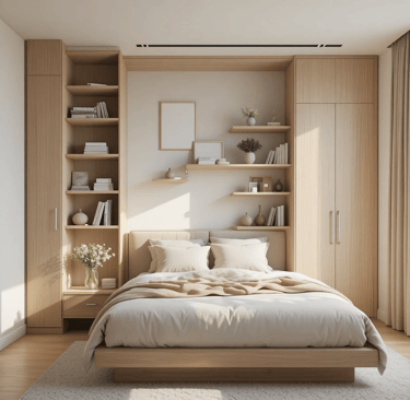 Dormitorio pequeño con estanterías flotantes y armario hasta el techo que aprovecha el espacio verti