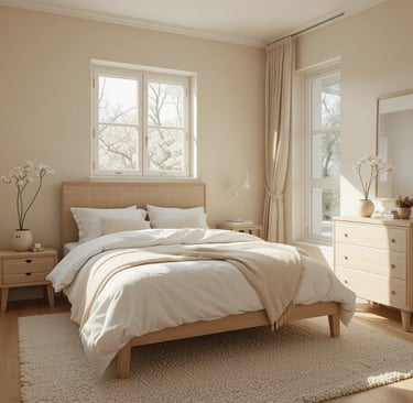 Dormitorio pequeño decorado con paleta de colores neutros y tonos claros que amplían visualmente el