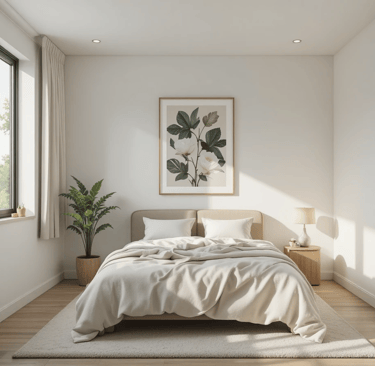 Dormitorio pequeño con decoración minimalista y superficies despejadas que aportan mayor sensación d