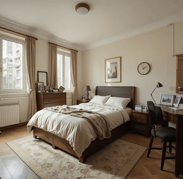 Dormitorio pequeño con muebles voluminosos y distribución poco funcional que reduce la sensación de