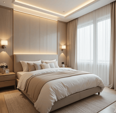 Dormitorio pequeño con iluminación indirecta y apliques de pared que aportan mayor sensación de ampl