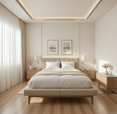 Dormitorio pequeño luminoso con muebles ligeros, iluminación en capas y espacio libre alrededor de l